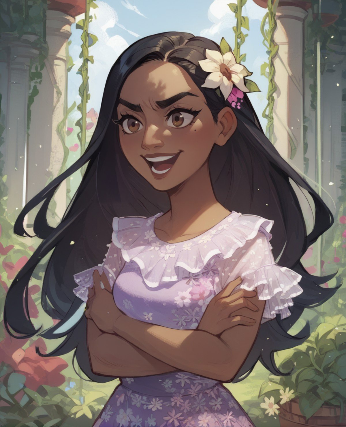 score_9,score_8_up,score_7_up,score_6_up,isabelaxl,long hair,black hair,brown eyes,hair flower,purple dress,jewelry,floral print,frills,garden,vines,waving,light smile,serious,open mouth,crossed arms,<lora:isabellaxl:0.9>,