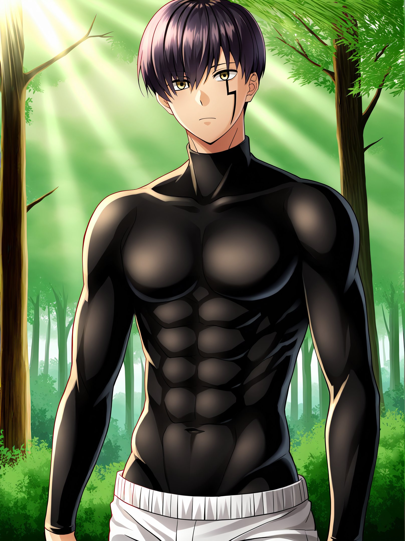 masterpiece, best quality, very aesthetic, ultra detailed, intricate details, 4k, anime style,mashlebody, 1boy, solo, male focus, bangs, black hair, yellow eyes, bowl cut, facial tattoo, mashle, mash burnedead,bodysuit, black bodysuit, shorts, white shorts, suit, abs, upper body, looking at viewer, forest, outdoors, tree, sunlight, cloudy, <lora:Mash_PonyXL:1>