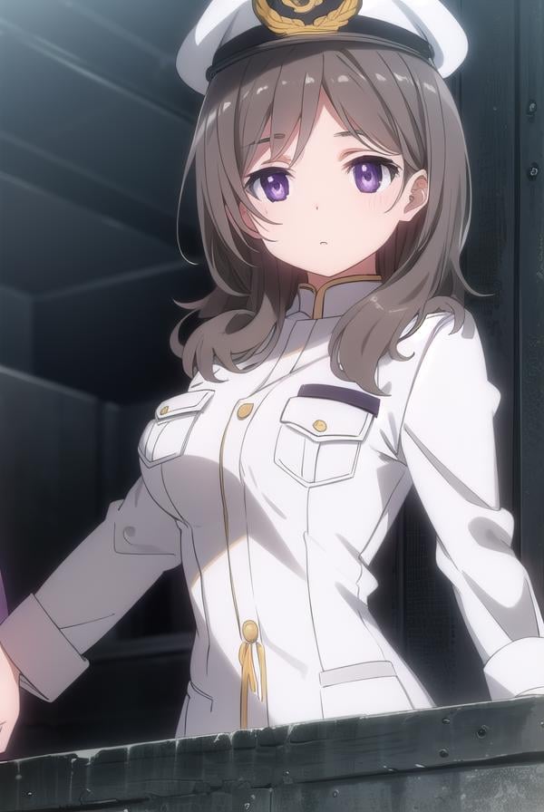 chinamoeka, <lora:china moeka s1-lora-nochekaiser:1>,china moeka, long hair, brown hair, (purple eyes:1.1),BREAK hair ornament, hat, hairclip, uniform, military, military uniform, peaked cap, naval uniform, (white uniform:1.5),BREAK outdoors, ship, navy,BREAK looking at viewer, (cowboy shot:1.5),BREAK <lyco:GoodHands-beta2:1>, (masterpiece:1.2), best quality, high resolution, unity 8k wallpaper, (illustration:0.8), (beautiful detailed eyes:1.6), extremely detailed face, perfect lighting, extremely detailed CG, (perfect hands, perfect anatomy),