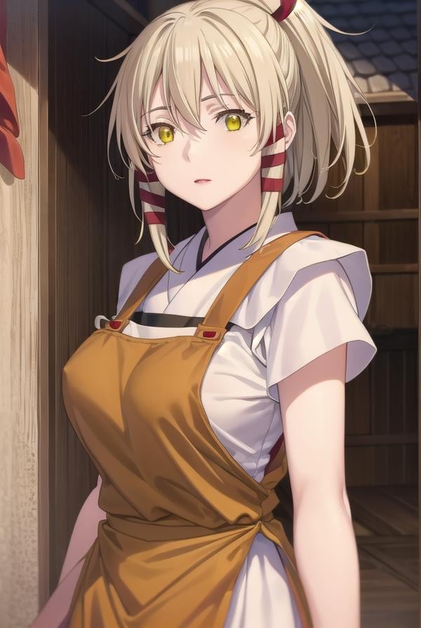 ukanomitamanokami, <lora:uka no mitama no kami s1-lora-nochekaiser:1>,uka no mitama no kami, long hair, blonde hair, hair ribbon, (yellow eyes:1.5), ponytail, tress ribbon,BREAK japanese clothes, miko, apron, (red apron:1.5),BREAK outdoors, shrine,BREAK looking at viewer, (cowboy shot:1.5),BREAK <lyco:GoodHands-beta2:1>, (masterpiece:1.2), best quality, high resolution, unity 8k wallpaper, (illustration:0.8), (beautiful detailed eyes:1.6), extremely detailed face, perfect lighting, extremely detailed CG, (perfect hands, perfect anatomy),