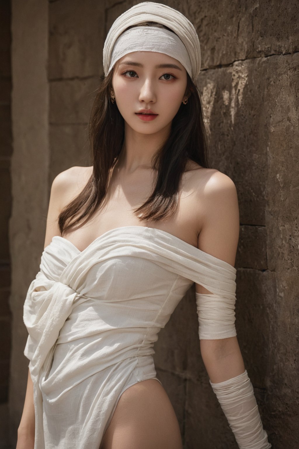 (ultra realistic,best quality),photorealistic,Extremely Realistic, in depth, cinematic light,hubggirl,(beautiful K-pop idol),20 years old, large breasts, detailed skin texture, subsurface scattering, expressionless, reaching out, bloods, (mummy costume, full body bandages, bandaged head, bandaged arm, bandaged leg, bandage over one eye:1.3), (dark Egyptian tomb, egyptian sarcophagus, hieroglyphics, stone wall engravings, egyptian statues), (realistic:1.3), finely detailed, quality, rembrandt lighting, (masterpiece:1.2), (photorealistic:1.2), (best quality), (detailed skin:1.3), (intricate details), dramatic, ray tracing, dynamic poses, particle effects,perfect hands, perfect lighting, vibrant colors, surreal dramatic lighting shadow (lofi, analog),intricate details, high detailed skin,intricate background, realism, realistic, raw, analog, taken by Canon EOS,SIGMA Art Lens 35mm F1.4,ISO 200 Shutter Speed 2000,Vivid picture,