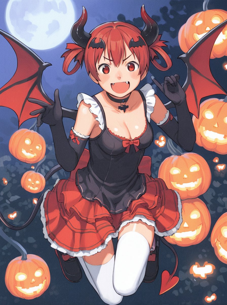 score_9_up,score_8_up,score_7_up, <lora:comiclo-xl-pony:0.7>,1girl, satanichia kurumizawa mcdowell, bat hair ornament, solo, horns, tail, red hair, thighhighs, wings, gloves, demon tail, hair ornament, elbow gloves, breasts, fang, open mouth, heart, moon, cleavage, demon girl, black gloves, dress, demon wings, medium breasts, smile, white thighhighs, demon horns, bat (animal), halloween, looking at viewer, choker, artist name, hair rings, full body, bare shoulders, halloween costume, v-shaped eyebrows, black footwear, red eyes, cross, alternate costume, :d, blush, night, frills, full moon, shoes, frilled dress