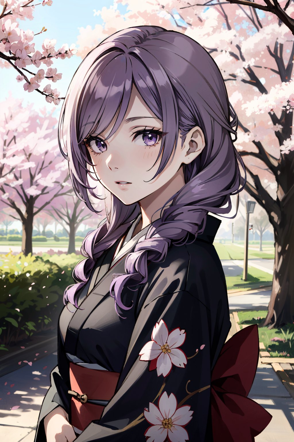 ((ultra detailed, masterpiece, absurdres)) <lora:HGDaniella:0.9>HGDaniella, 1girl, twin drills, purple hair, in a traditional kimono, surrounded by cherry blossoms