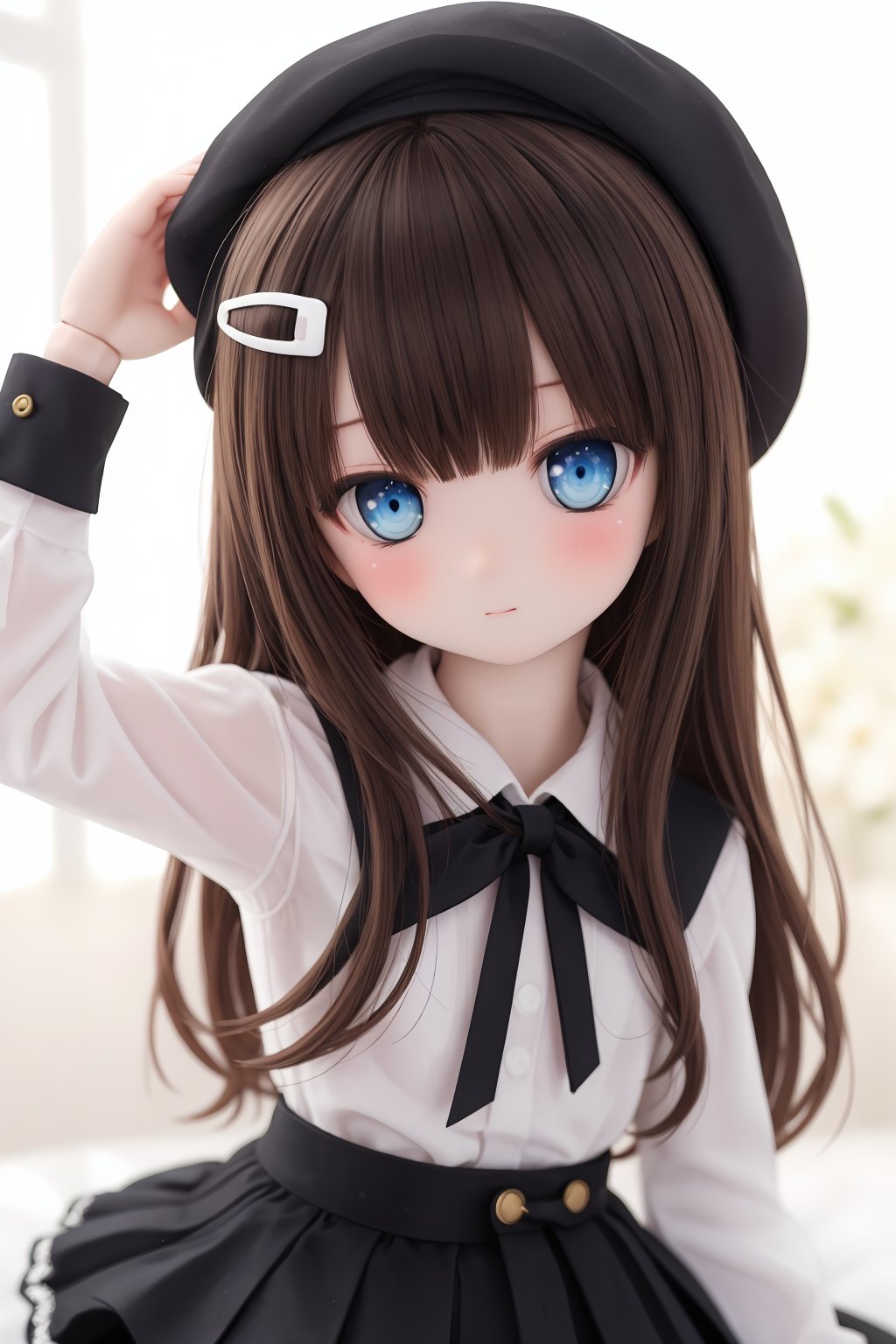 1girl, solo, blue eyes, long hair, brown hair, hat, looking at viewer, shirt, hair ornament, long sleeves, white shirt, skirt, bangs, closed mouth, blurry, black skirt, hairclip, black headwear, beret, arm up, ribbon, depth of field, neck ribbon, upper body, doll, BJD, dtghdg254793, stfhgd796we2, adsderl931sq, cute