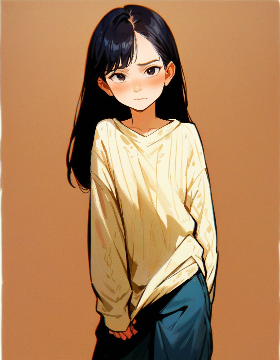 score_9, score_8_up, score_7_up, 1girl, blush, long hair, black hair, looking at viewer, arms at sides, baggy pants, simple background, cowboy shot, closed mouth, long sleeves, sweater, film grain, <lora:higashiyamashouPony-000008:1>