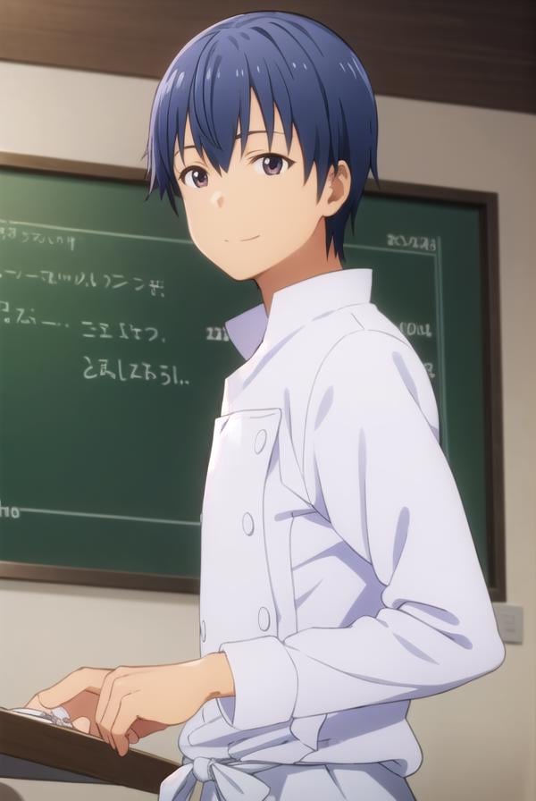 hiroomisouma, <lora:hiroomi souma s2-lora-nochekaiser:1>,hiroomi souma, (brown eyes:1.3), blue hair, male focus, smile,BREAK apron, buttons, waist apron, white pants, chef,BREAK indoors, restaurant,BREAK looking at viewer, (cowboy shot:1.5),BREAK <lyco:GoodHands-beta2:1>, (masterpiece:1.2), best quality, high resolution, unity 8k wallpaper, (illustration:0.8), (beautiful detailed eyes:1.6), extremely detailed face, perfect lighting, extremely detailed CG, (perfect hands, perfect anatomy),