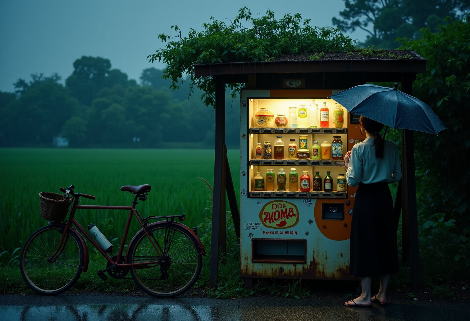 ultra high quality, realistic photo of Japanese drinks vending machine, rusty and abandoned, vegetation everywhere. At night, subdued lighting. old abandoned rusty bicycle; melancholy atmosphere, a Japanese woman orders a drink, protected under her umbrella, it's raining. <lora: - Flux1 - soothing_atmo_V1.0:1>,in the Japanese countryside, next to the rice field