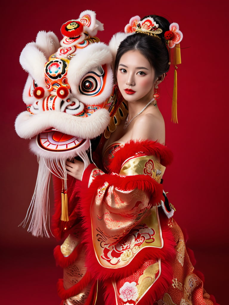 1girl, big lion head,  bare shoulders, black hair, breasts, brown eyes, Chinese clothes, cleavage, eyelashes, hagoromo, hair ornament, jewelry, lips, lipstick, looking at the viewer, makeup, medium breasts, realistic, red lips, shawl, ((full body)), (Lion Dance:1.5), red background <lora:Lion Dance:0.55>