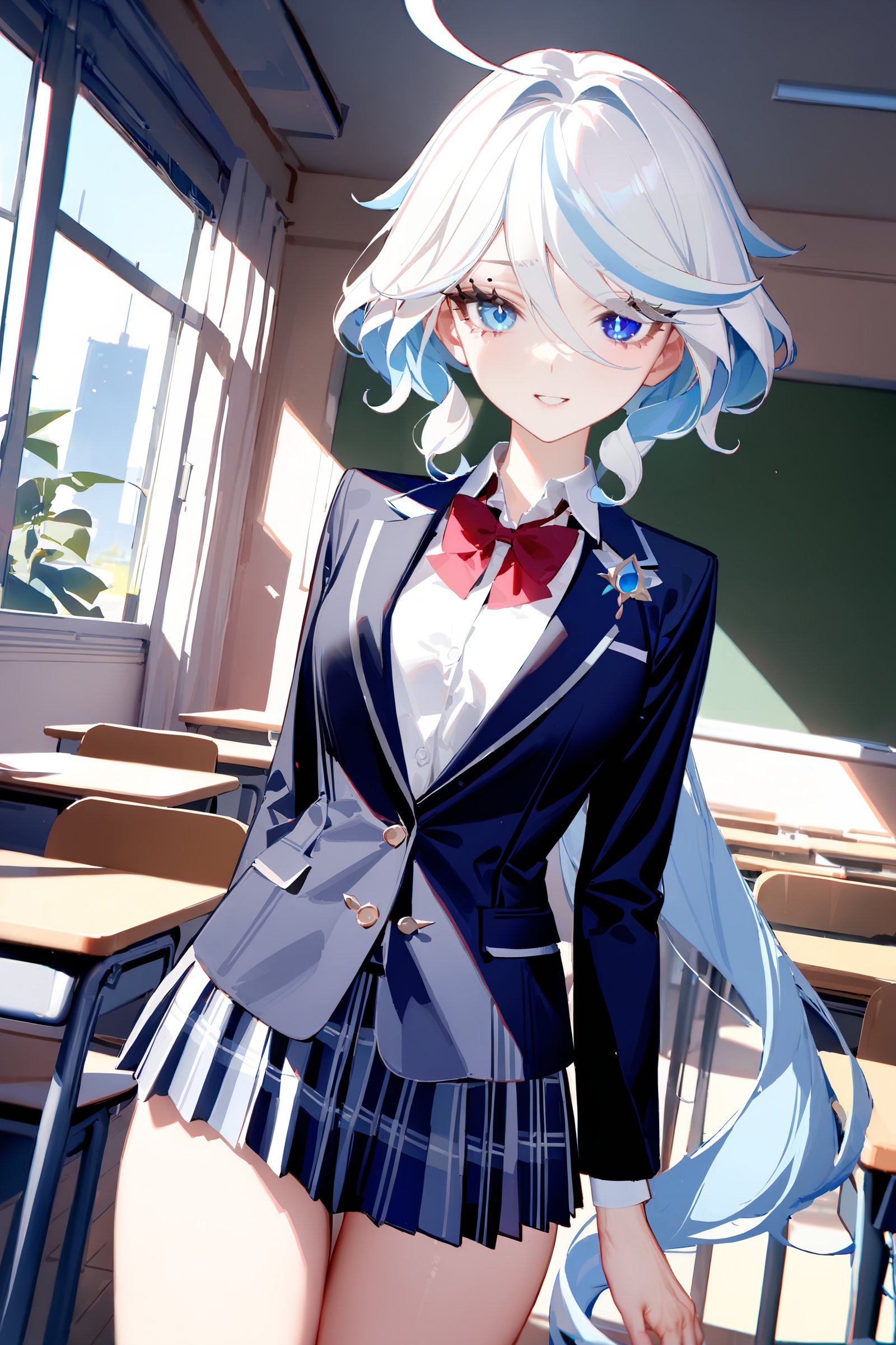 masterpiece, best quality, perfect features, intricate details, ray tracing, newest,(hitenkei, askzy:0.4), 1girl,  furina \(genshin impact\), heterochromia, school uniform, blazer, collared shirt, bowtie, checkered skirt, evil smile, classroom, indoors, cowboy shot, depth of field  <lora:Char-Genshin-Furina-XL-V1:0.9>