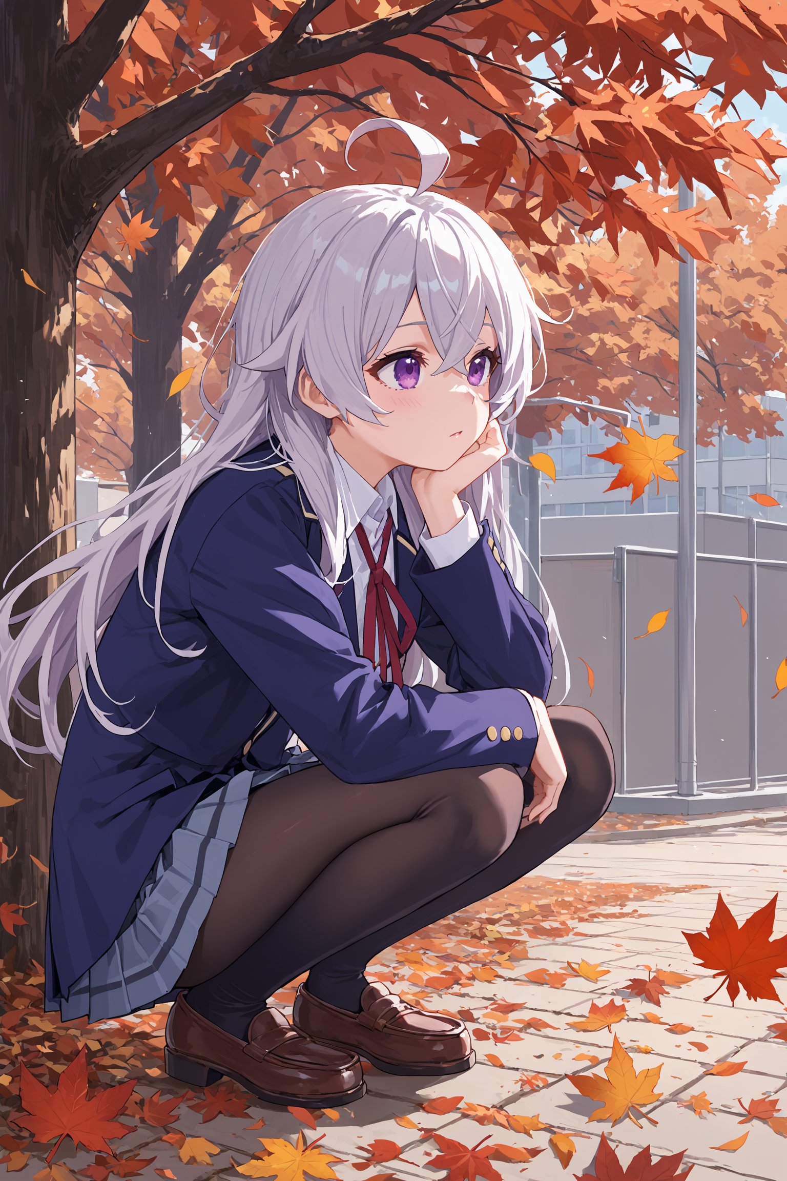 elaina \(majo no tabitabi\),purple eyes,grey hair,white hair,long hair,ahoge,1girl,solo,fallen leaves,squatting,autumn,school uniformscore_9,score_8_up,score_7_up,source_anime,