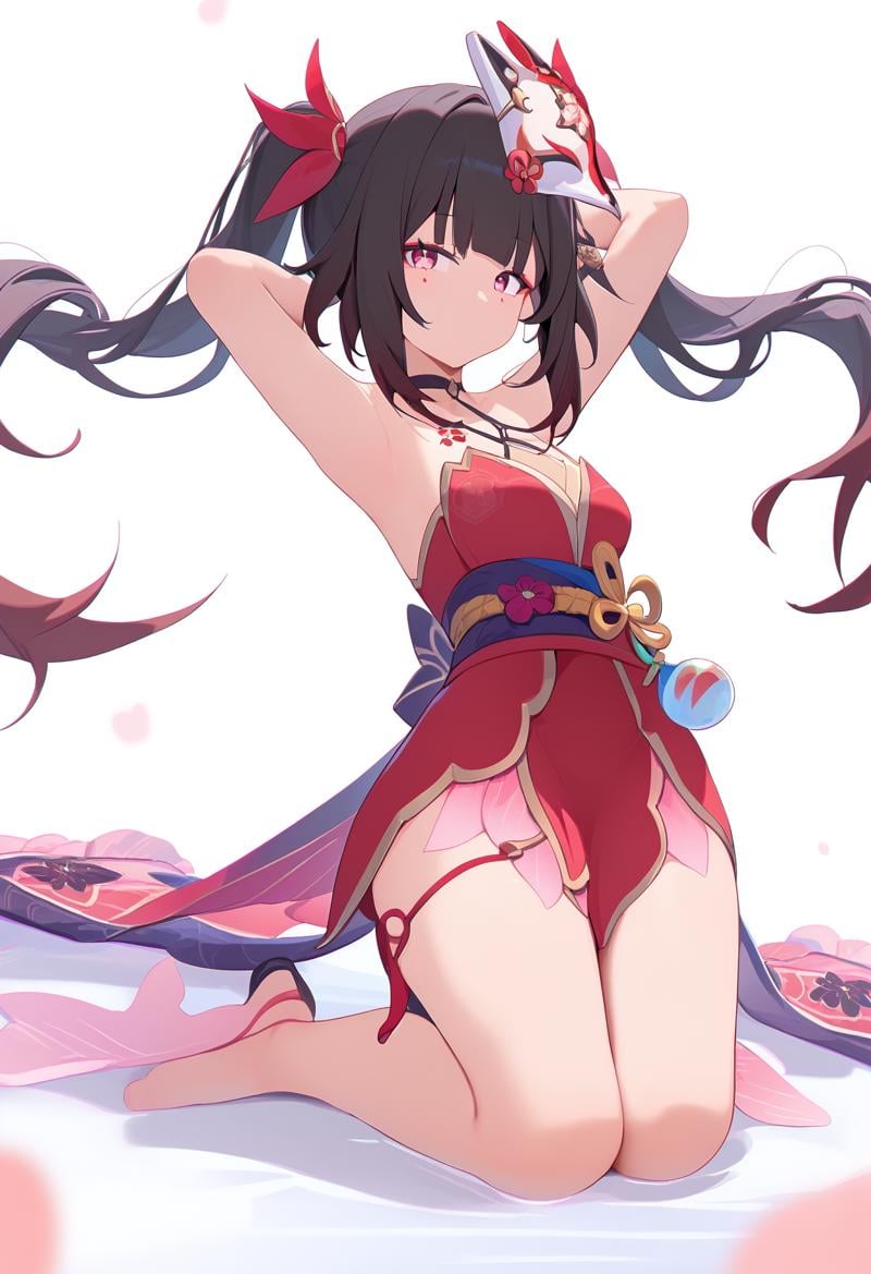 score_9,sparkle \(honkai star rail\),1girl,fox mask,solo,twintails,looking at viewer,bare shoulders,mask on head,red dress,black chokerkneeling, arms behind head, seiza,solo,looking at viewer,flower,full body,simple background,white background,score_9,<lora:pony_char_sparkle_(honkai_star_rail)-000013:1>