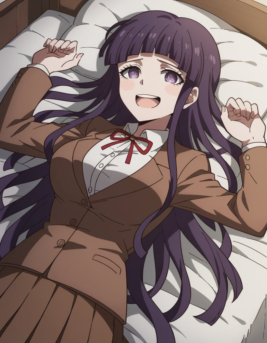 score_9, score_8_up, score_7_up, source_anime, <lora:mikan-tsumiki-s2-ponyxl-lora-nochekaiser:1>, mikan tsumiki, long hair, purple hair, (purple eyes:1.1), bangs, blunt bangs, large breasts,, skirt, shirt, long sleeves, ribbon, school uniform, jacket, white shirt, pleated skirt, collared shirt, red ribbon, neck ribbon, brown skirt, brown jacket,, bedroom, alarm clock, morning routine, yawning, stretching, on bed,, smile, looking at viewer, arm straight out in front, solo,, cowboy shot, dutch angle