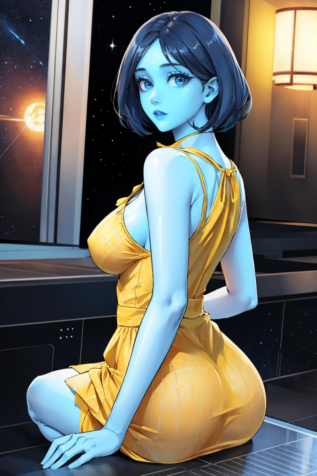 masterpiece, best quality, <lora:theweapon-nvwls-v1-000009:0.9> thewpn, (blue skin:1.5), large breasts, (yellow sundress:1.4), outer space, from behind, looking at viewer