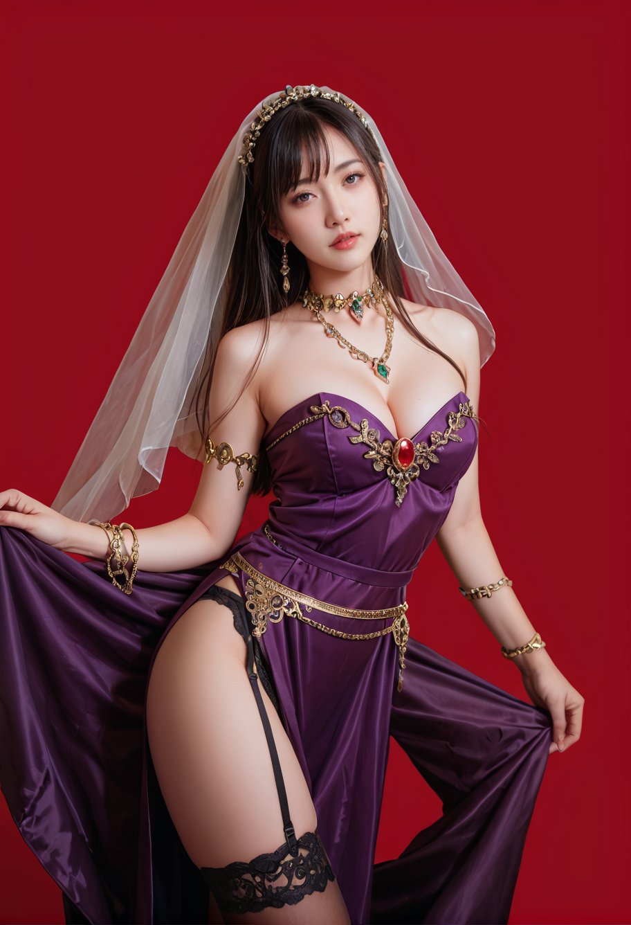 red background,1girl,solo,,ruanyi0761,garter belt,garter straps,gem,gold chain,jewelry,lace-trimmed legwear,purple dress,side slit,cleavage,strapless,armlet,veil,<lora:0761 Gem purple dress_v1_pony:1>, score_9,score_8_up,score_7_up,,8k,1girl,solo,