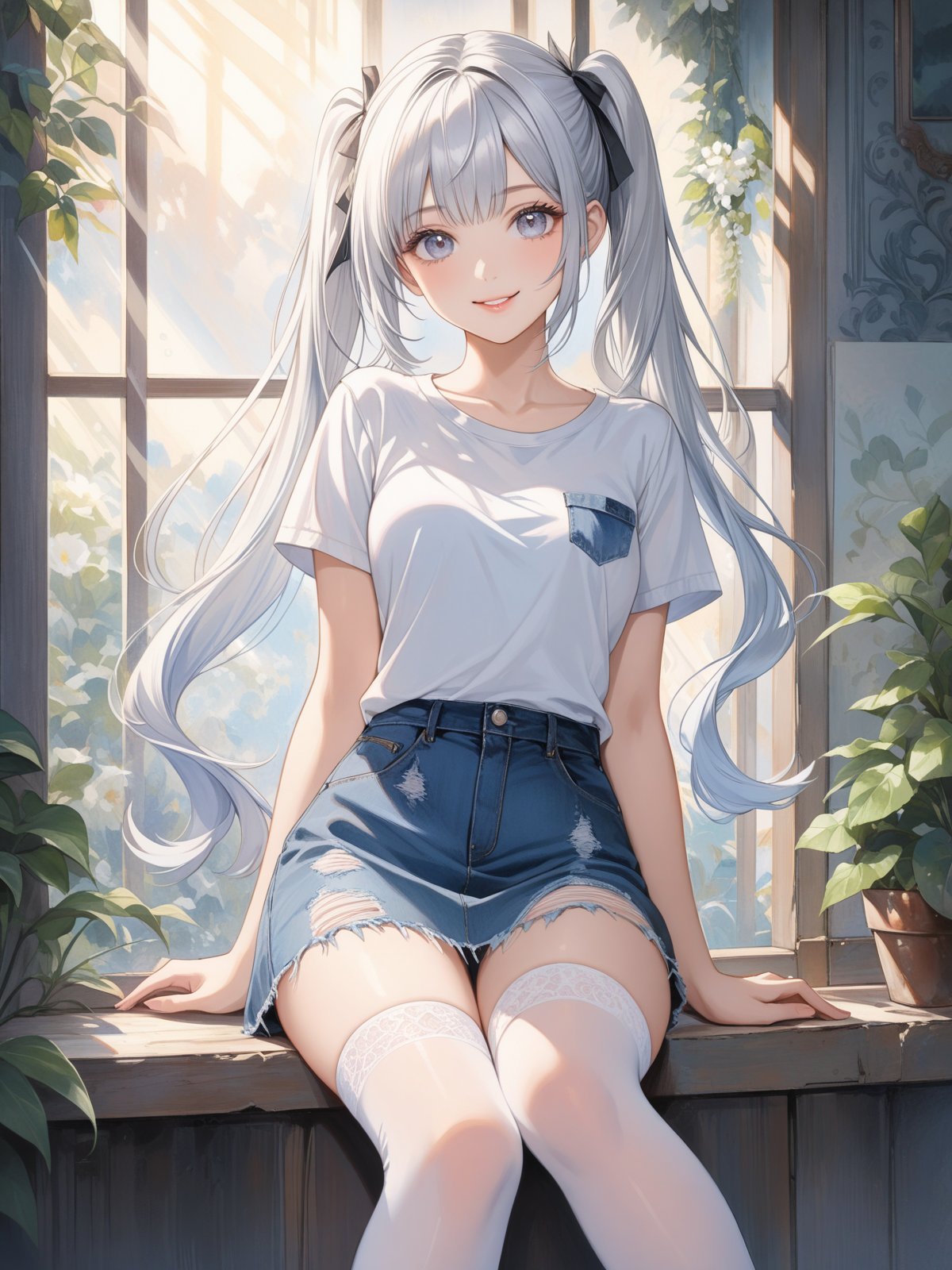 masterpiece, beautiful and aesthetic, ultra detail, perfect lighting, abstract, absurdres, soft shadows, extremely detailed background, (craftsmanlike illustration), intricate background, bloom, watercolor, pastel colors, Girl, Very intelligent and clever, always acts as if she is masterful, shining silver hair, two side up, long twintails, beautiful silver eyes, clear skin, (small body), medium breasts, pretty face, friendly personality, white tights up to her knees, smile, Distressed denim skirt with a frayed hem, paired with sultry black fishnet stockings for a bold and edgy look.