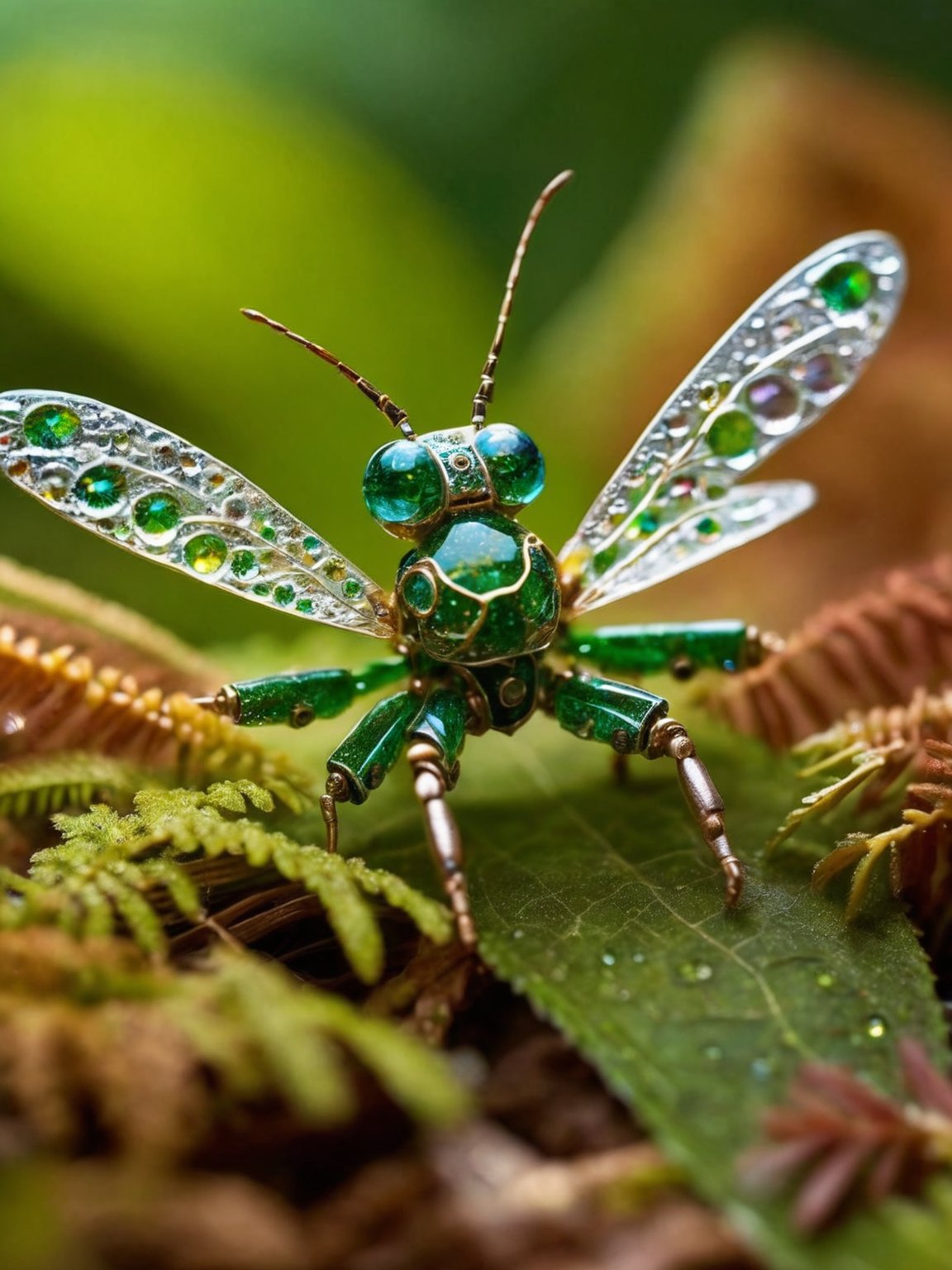 In a tilt-shift, macro-photographed scene with a shallow depth of field, a tiny, iridescent robotic insect, its body a mesmerizing mosaic of microscopic mirrors and gears, perches on the velvety, emerald-green edge of a dew-kissed leaf, surrounded by a constellation of glistening, crystal-like droplets that refract and reflect the soft, golden light filtering through the forest canopy above, amidst a tapestry of intricate, lace-like ferns and moss-covered twigs, with the blurred, bokeh-rich background a warm, earthy blend of umber, sienna, and olive hues. <lora:GoodPhotoV1.0_alpha1.0_rank8_noxattn_700steps:1>