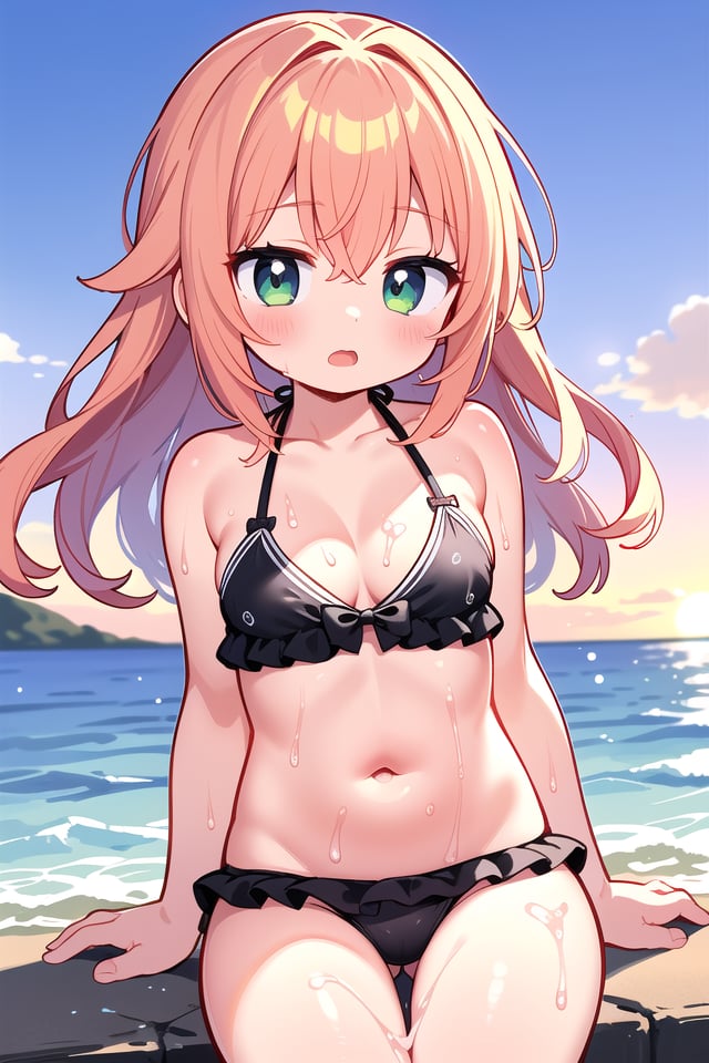 insanely detailed, absurdres, ultra-highres, ultra-detailed, best quality,1girl, solo, nice hands, perfect handsBREAK(pastel colored bikini:1.3)BREAKexpressionless, open mouth,sitting on beach, seductive pose, cowboy shotBREAKslender, kawaii, perfect symmetrical face, ultra cute girl, ultra cute face, ultra detailed eyes, ultra detailed hair, ultra cute, ultra beautifulBREAKSunset and sea Capture the captivating beauty of the ocean as it reflects the warm and colorful hues of the setting sun, depth of field, ultra detailed backgroundBREAKmedium breasts, cleavage, extremely detailed navel, (wet skin, shiny skin:1.3)BREAKorange hair, green eyes, messy hair,