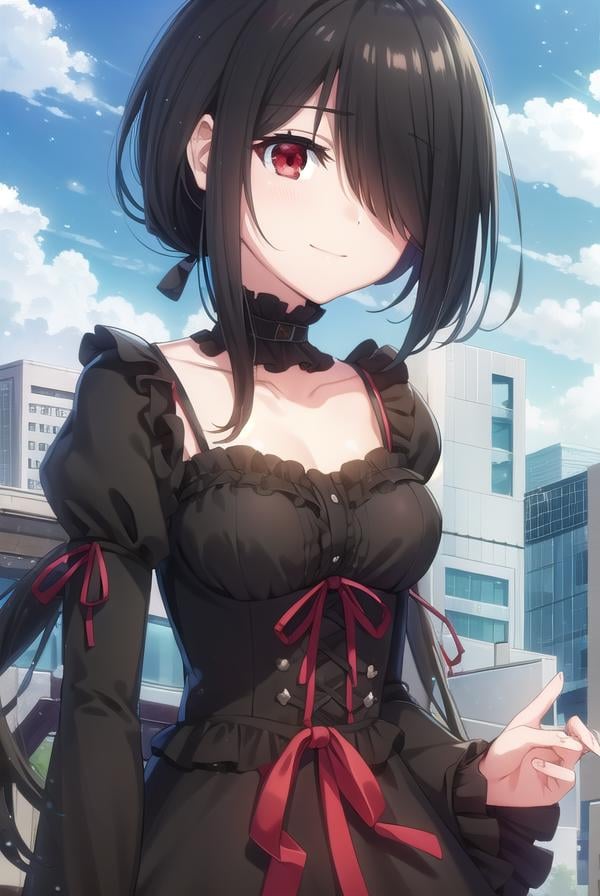 kurumitokisaki, <lora:kurumi tokisaki s2-lora-nochekaiser:1>,kurumi tokisaki casual, (tokisaki kurumi:1.2), long hair, black hair, (red eyes:1.3), long sleeves, dress, pantyhose, (hair over one eye:1.5), (black dress:1.5), black pantyhose, (puffy sleeves:1.5), choker, collarbone, skirt, black skirt, flowers, hair flowers, purple flowers, twintails, low twintails, smile,BREAK ,BREAK outdoors, city, building, sky, sun, clouds, people, crowd,BREAK looking at viewer, (cowboy shot:1.5),BREAK <lyco:GoodHands-beta2:1>, (masterpiece:1.2), best quality, high resolution, unity 8k wallpaper, (illustration:0.8), (beautiful detailed eyes:1.6), extremely detailed face, perfect lighting, extremely detailed CG, (perfect hands, perfect anatomy),