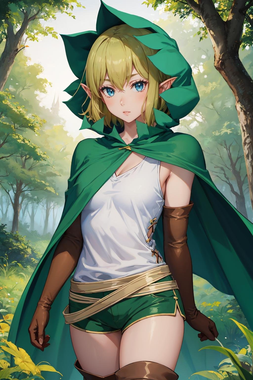 masterpiece, best quality, <lora:ryuulion-nvwls-v1-000008:0.9> ryuu, hood, green cloak, white shirt, sleeveless, green shorts, elbow gloves, thigh boots, forest, looking at viewer, portrait