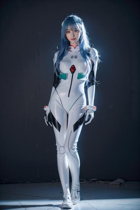 best quality, masterpiece, photorealistic, 1girl, solo, looking at viewer, bangs, full body, standing, arms at side, closed mouth, expressionless, ayanami_cosplay_costume, plugsuit, blue hair, ayanami rei, pilot suit, cosplay, long hair, interface headset, hairpods, gloves, bracer, skin tight, simple background, <lora:ayanami_cosplay_costume_v2:0.65>