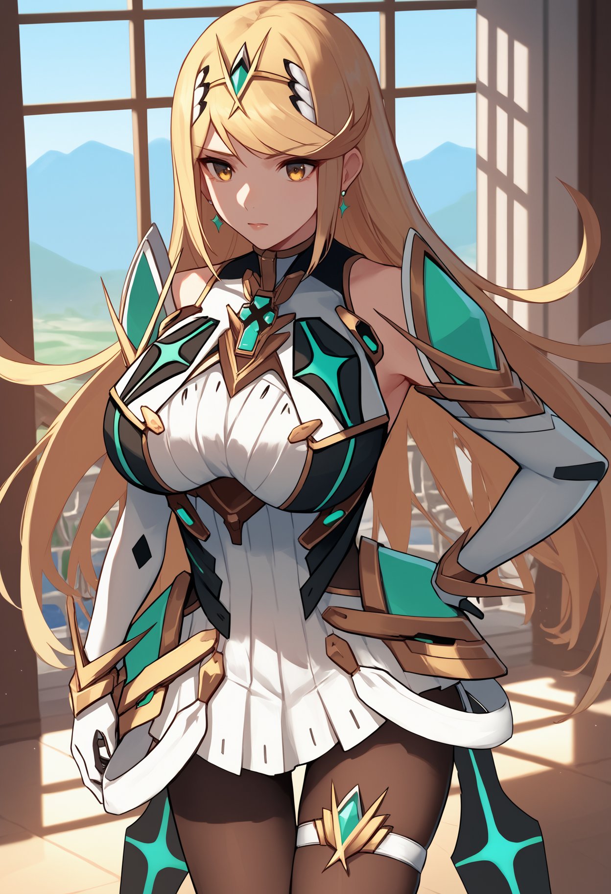 score_9, score_8_up, score_7_up, source_anime BREAK 1girl, solo, <lora:mythra-xb-richy-v1_pdxl:1> mthrmm, yellow eyes, blonde hair, long hair, tiara, earrings, chest jewel, large breasts, sleeveless, white skirt, elbow gloves, thigh strap, pantyhose, fantasy, indoors