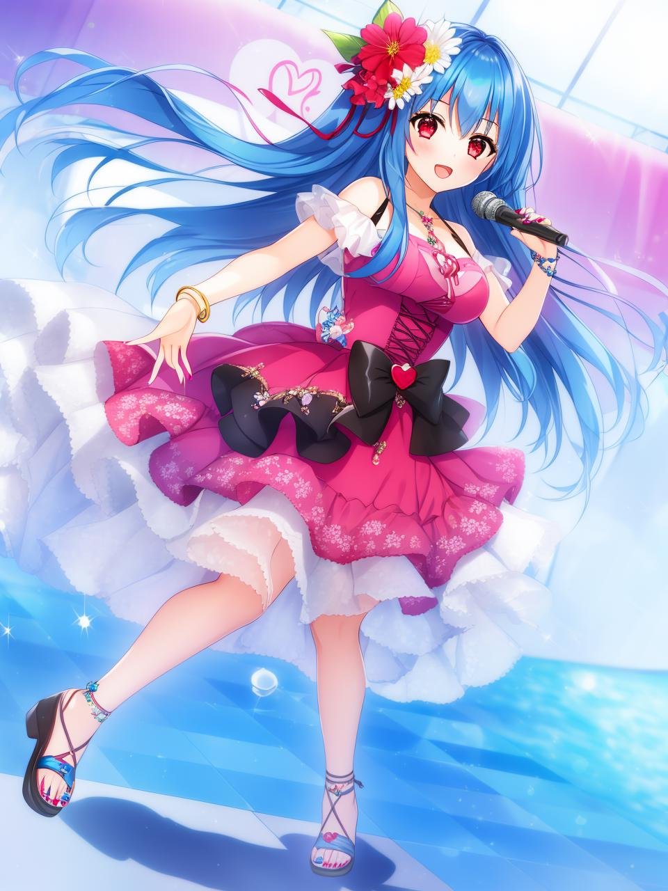 1girl, solo, long_hair, hair_ornament, red_eyes, blue_hair, flower, heart, hair_flower, nail_polish, bracelet, sandals, microphone, character_doll