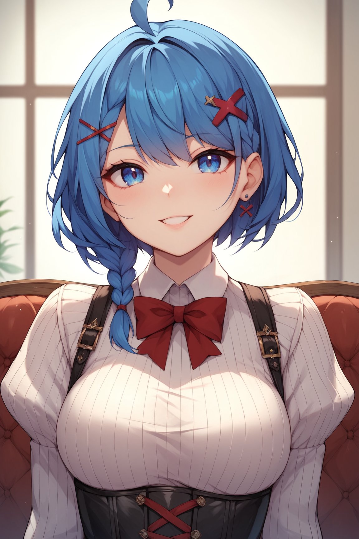 score_9, score_8_up, score_7_up, score_6_up, score_5_up, score_4_up, ChloeGSXL, blue eyes, blue hair, short hair, side bangs, red hairclip, x hair ornament, long braid, single braid, ahoge, medium breasts, black corset, white ribbed sweater, long sleeves, puffy sleeves, solo, front view, (portrait, upper body), solo focus, seductive smile, looking at viewer, indoors <lora:ChloeGSXL:0.8>