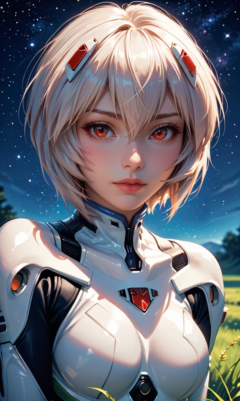 4n1v3rs3, score_9, score_8_up, score_7_up, upper body shot, Rei Ayanami, red eyes, sitting on green grass, starry sky, white plugsuit, detailed face, (beautiful night background), seductive, innocent, (depth of field), (fine textures details)