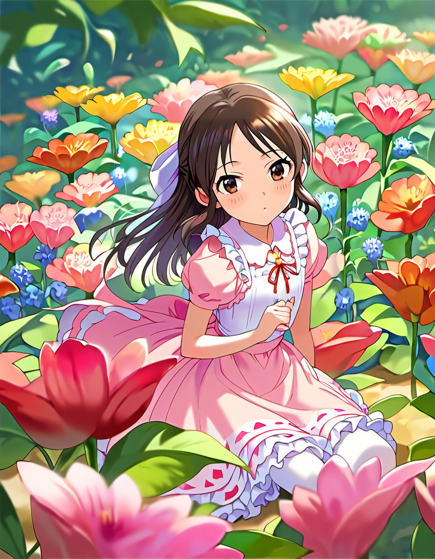 score_9, score_8_up, score_7_up, source_anime,1girl, solo, micro female, minigirl, alice in wonderland, wide view,  nature, flower,<lora:TachibanaArisu_pony_v1:0.9>tcbnars, long hair, brown hair, parted bangs ,hair bow , brown eyes, flat chest, pink dress, frills, white pantyhose, mary janes, 