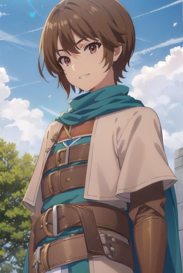 keyaru, <lora:keyaru s1-lora-nochekaiser:1>,keyaru, short hair, (brown eyes:1.5), brown hair, male focus, smile, grin,BREAK cape, armor,BREAK outdoors, forest, nature, grass, trees, sun, sky, clouds,BREAK looking at viewer, (cowboy shot:1.5),BREAK <lyco:GoodHands-beta2:1>, (masterpiece:1.2), best quality, high resolution, unity 8k wallpaper, (illustration:0.8), (beautiful detailed eyes:1.6), extremely detailed face, perfect lighting, extremely detailed CG, (perfect hands, perfect anatomy),