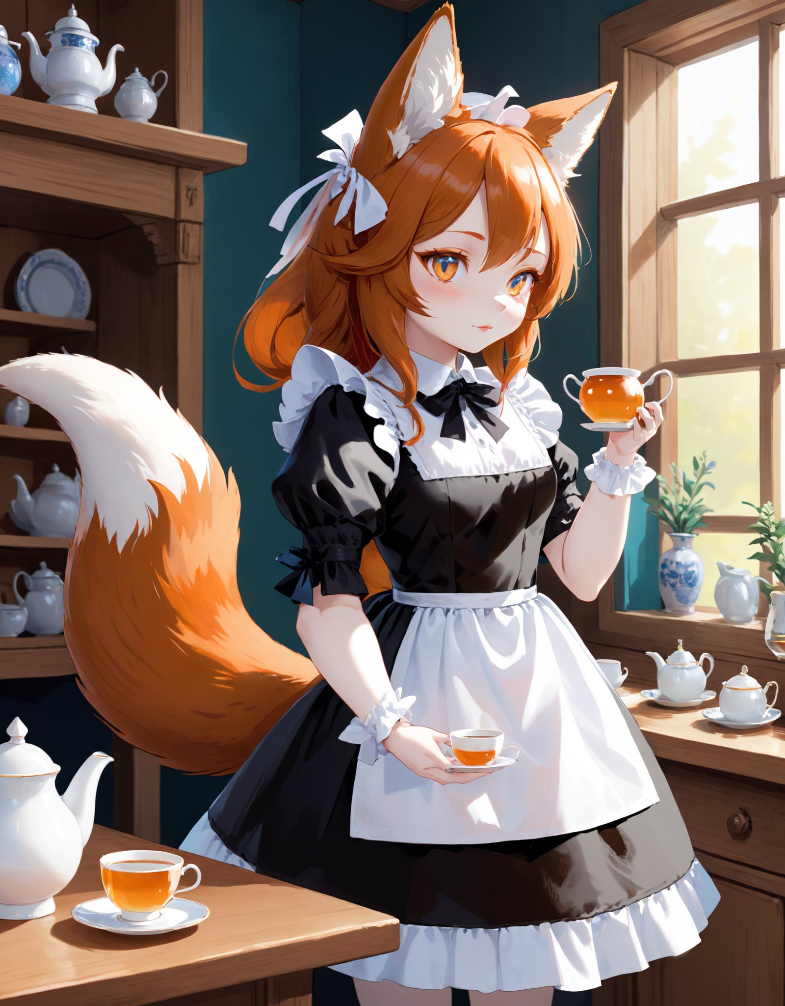 An illustration of a fox maid who has been transformed into a puppet. The fox maid's fluffy tail is now made of delicate, intricately carved wood, and her eyes have a glassy sheen as she serves tea with delicate, jointed wooden limbs.