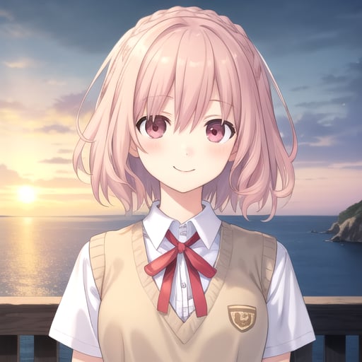 ((masterpiece)),(best quality),official art,extremely detailed CG,unity 8k wallpaper,ultra detailed,A lighthouse on a cliff by the sea,1girl,solo,upper body,(portrait:1.2),looking at viewer,sonogami rinne,white shirt,medium hair,beige vest,blue skirt,blush,collared shirt,braid,hair between eyes,pink hair,pink eyes,red ribbon,pleated skirt,smile,white socks,loafers,<lora:Sonogami Rinne(dal)>,<lora:TSNeptunia-000045:0.5>,