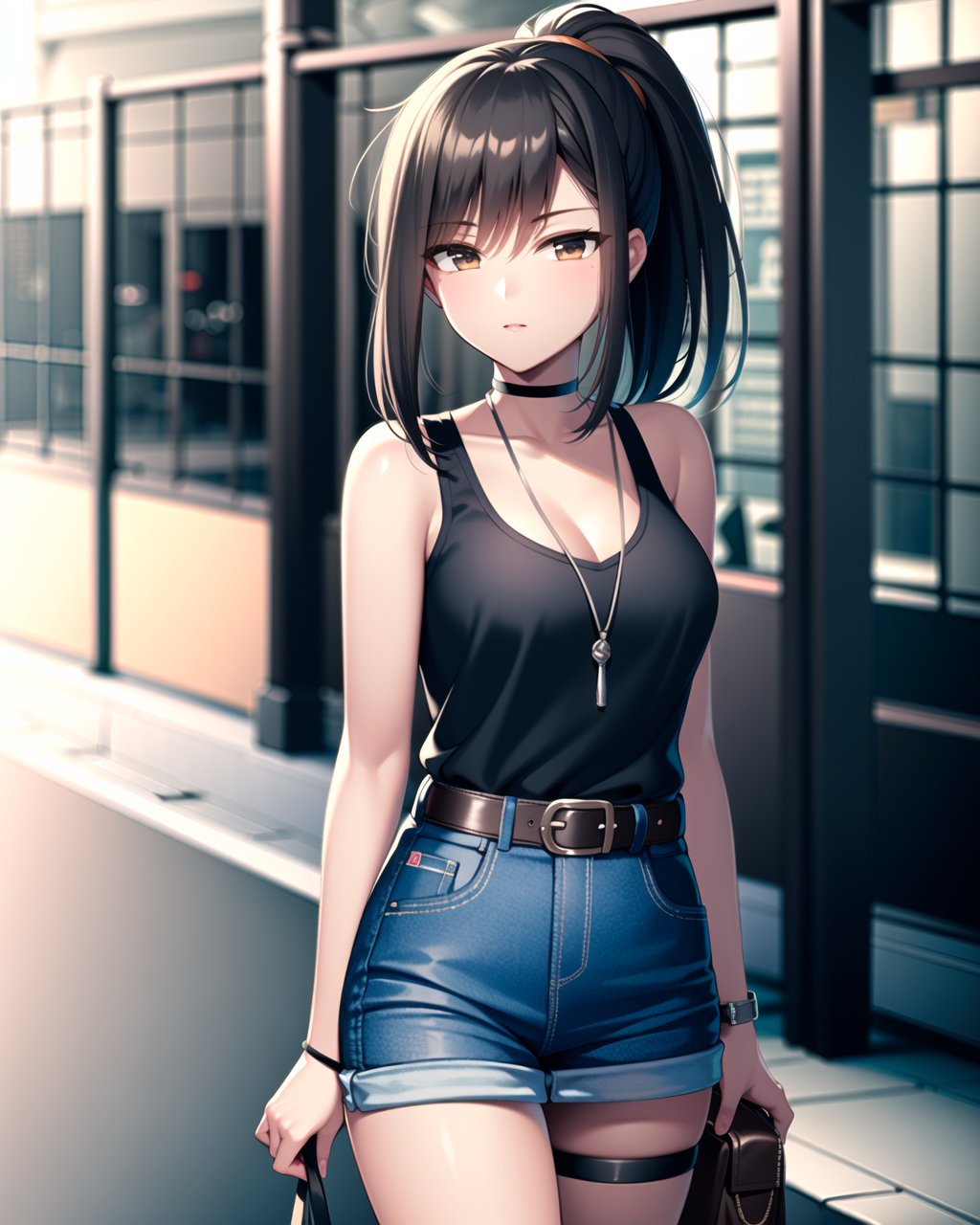 ((masterpiece)), ((best quality)), ((highres)), ((extremely detailed CG unity 8k wallpaper)), solo, <lora:hisako:1>, hisako, black tanktop, choker, black miniskirt, belt, black socks, cowboy shot, brown eyes, ponytail, looking around, streets