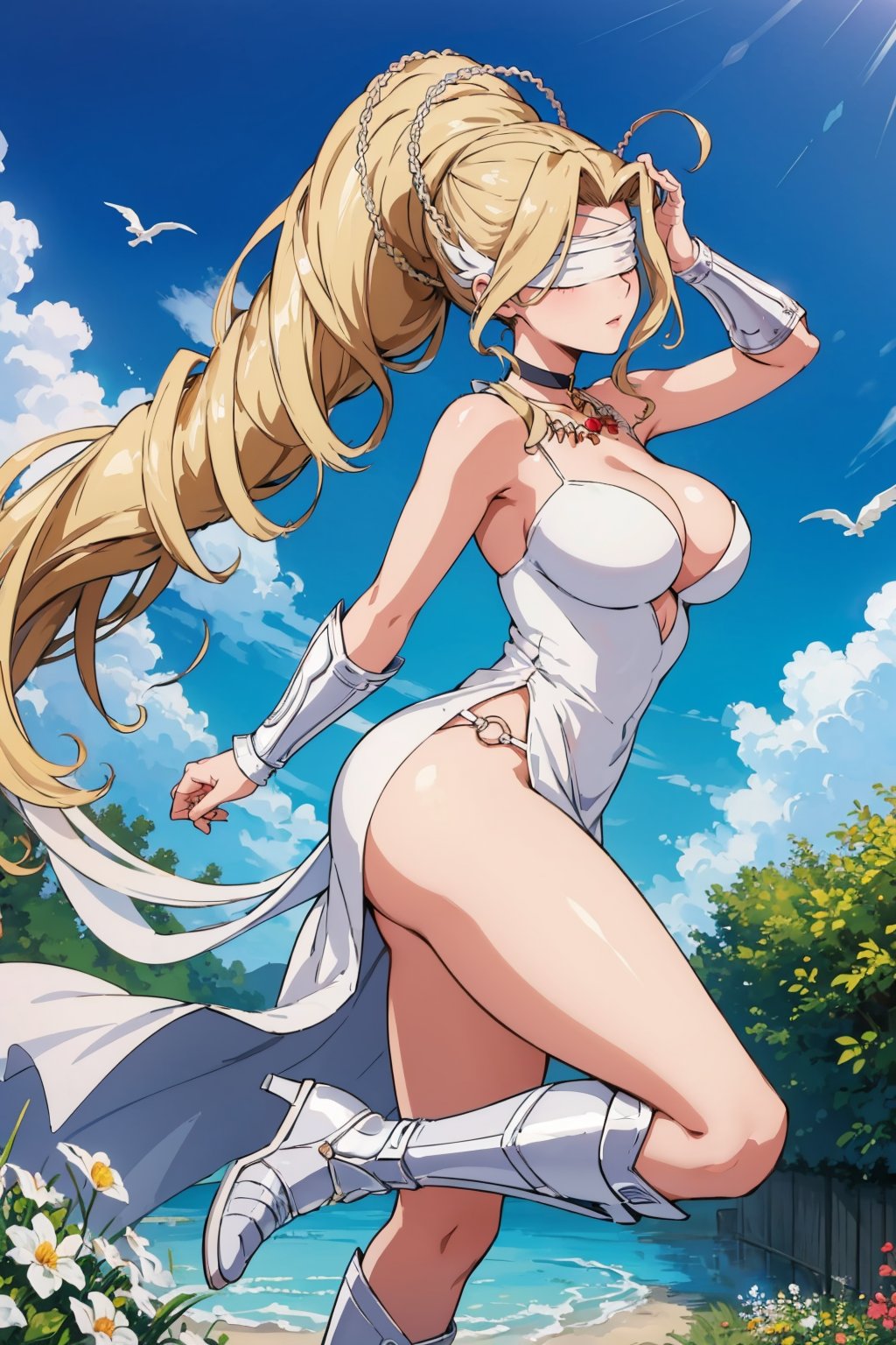 masterpiece, best quality, <lora:venusmon-nvwls-v1-000009:0.9> venusmon, very long hair, ponytail, blindfold, white ribbon, choker, necklace, white dress, cleavage, vambraces, armored boots, large breasts, blue sky, clouds, from side, garden