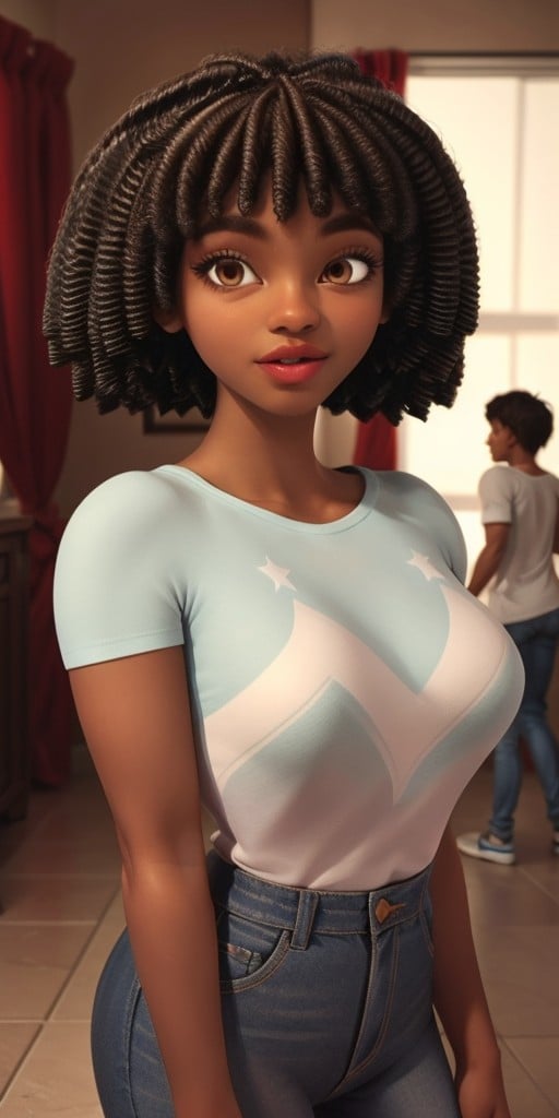 Hyperrealistic, photorealistic, super detailed, jeans, T-shirt, brown hair done in dreadlocks, expressive brown eyes, fifteen years old, body like in real life, large pores, (slender), dark-skin, beautiful arms, very little breasts, thin legs, unreal engine, octane render, droped shadow, bokeh, cinematic lighting, <lora:add_detail:0.5>, <lora:Volumetric_lighting:0.6>, Brown hair done in dreadlocks, Brown eyes, Dark-skinned, Aeon, , <lora:fa9a7bed-1e27-409e-864e-c3eea78a0602:0.7>