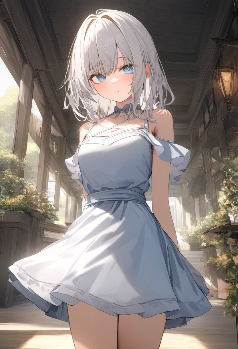 1girl, solo, blue eyes, white hair, looking at viewer, cowboy shot, dress, newest,very aesthetic,highly detailed,best quality,absurdres,detailed,HDR,natural light,