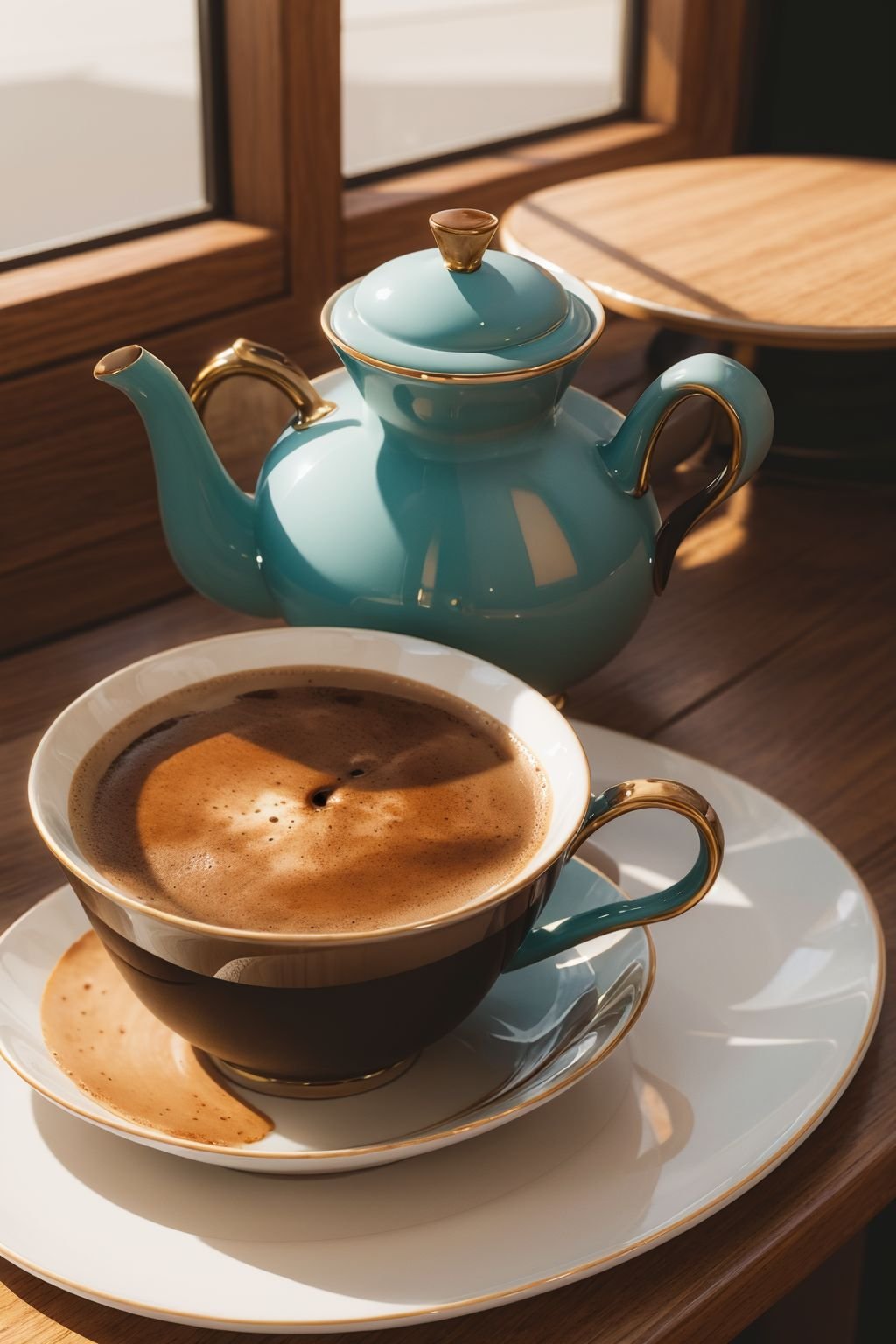 masterpiece,illustration,best quality,extremely detailed CG unity 8k wallpaper,coffee,food, cup, no humans, table, steam, plate, teacup, mug, realistic, teapot, saucer, coffee, food focus, still life,