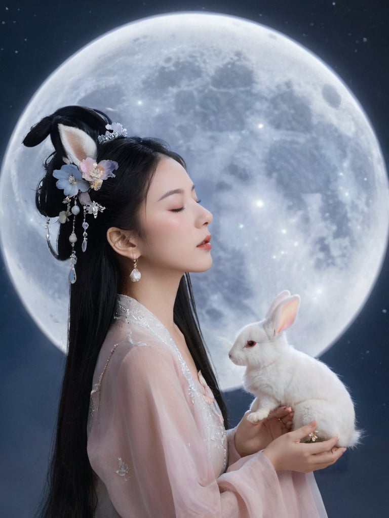 (Fairy Chang'e:1.5), 1girl, animal, black hair, bunny, closed eyes, dog, earrings, flower, full moon, hair flower, hair ornament, jewelry, lips, lipstick, long hair, makeup, moon, profile, realistic, wolf<lora:FairyChang:0.55>