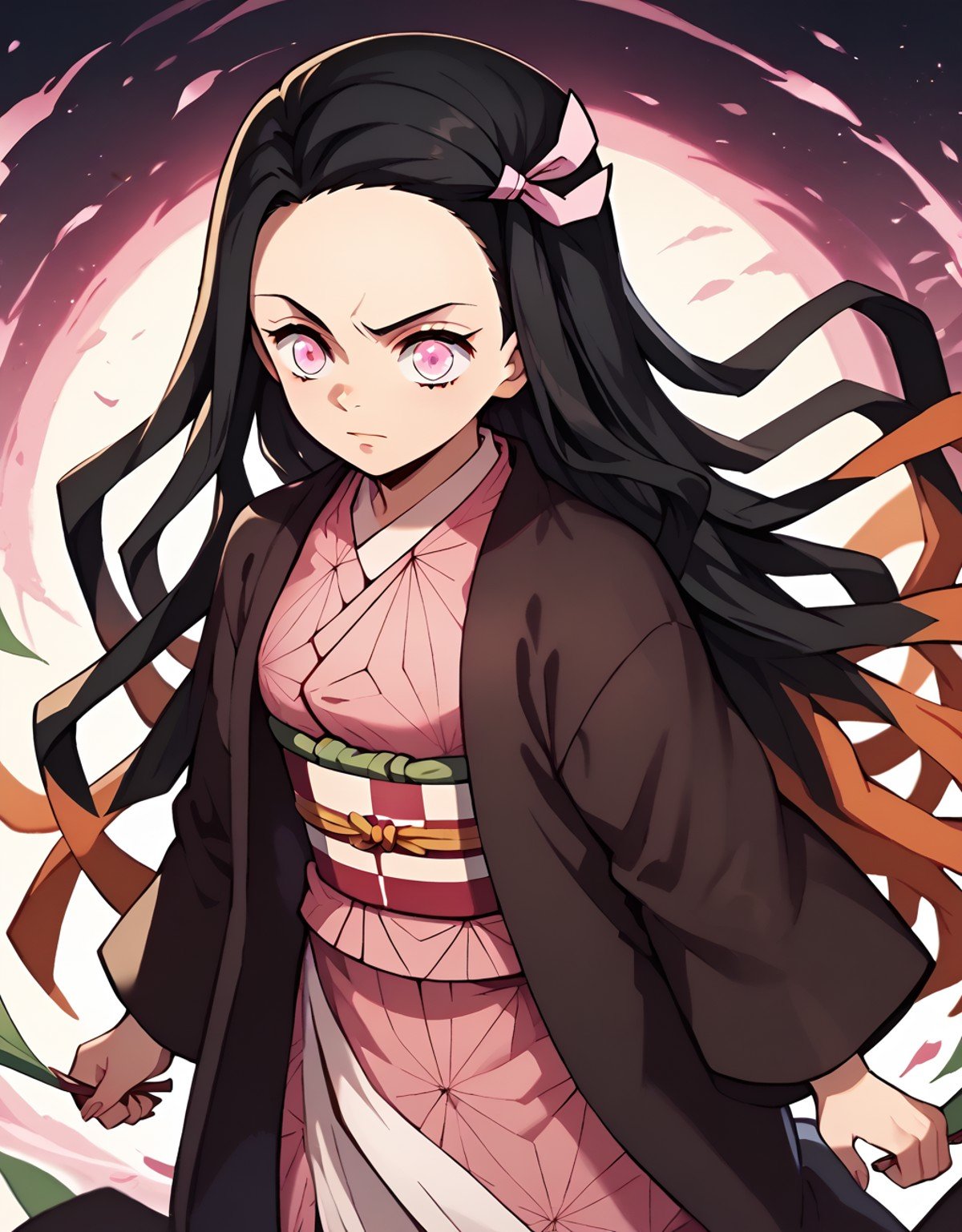 <lora:NezukoKamadopony-10:1>NezukoNor, kamado nezuko, black hair, very long hair, pink eyes, 1girl,  pink kimono, hair ribbon,  pink ribbon, japanese clothes, checkered sash,  obi, haori,  black haori,, score_9, score_8_up, score_7_up, score_6_up, score_5_up, score_4_up,