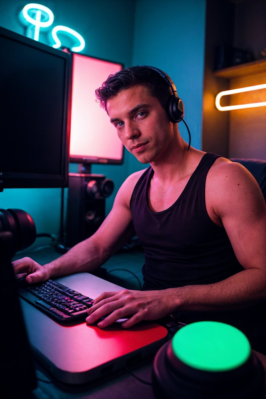 photo of a male twitch streamer playing video games on his pc, holding controller, fisheye, (smirk:0.7), ear phones, cut-off tank tops, streamer bedroom, ((neon lights)), realistic, highly detailed, realistic eyes, intricate details, detailed background, depth of field, (muscular), (large pectorals), (puffy nipples)