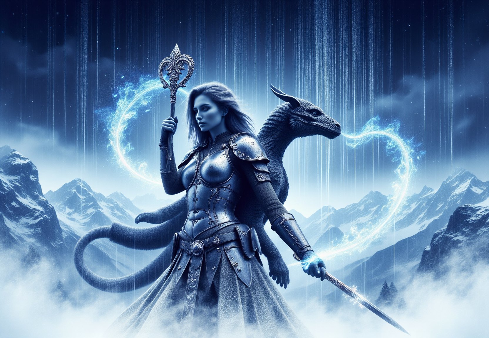 A mesmerizing minimalistic pen drawing in monochrome blue,high definition, extremely detailed, masterpiece, photo realistic, In a realm where magic weaves through the air like whispers, a 19-year-old girl named thomasinara stands atop the snowy mountain peak, With her enchanted staff, she conjures spells that shimmer with ethereal light. Perched on her shoulder is her loyal companion, a child dragon named Drogon, whose scales glisten like emeralds. Together, they navigate the mystical landscapes, their bond unbreakable.  In this fantastical world, she is both warrior and protector, a symbol of courage and magic intertwined.polishswordsman