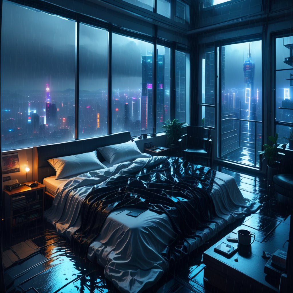 moody aesthetic, beautiful cozy, cramped bedroom with floor to ceiling glass windows overlooking a cyberpunk city at night, view from top of skyscraper, white bedsheets, bookshelves, thunderstorm outside with torrential rain, detailed, high resolution, photorrealistic, dark, gloomy,