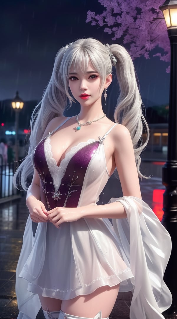 <lora:380-DA-武动乾坤-林青檀:0.8> ,(,1girl, ,best quality, ),looking at viewer, ,ultra detailed 8k cg, ultra detailed background,  ultra realistic 8k cg, flawless,  tamari \(flawless\), professional artwork, famous artwork, cinematic lighting, cinematic bloom, (( , )),, dreamlike, unreal, science fiction,  luxury, jewelry, diamond, pearl, gem, sapphire, ruby, emerald, intricate detail, delicate pattern, charming, alluring, seductive, erotic, enchanting, hair ornament, necklace, earrings, bracelet, armlet,halo,masterpiece, (( , )),,  ,cherry blossoms,(((, night,night sky,lamppost,  ultra high res, (photorealistic:1.4), raw photo, 1girl, , rain, sweat, ,wet, )))(( , ))   (()), (), 1girl, solo, , , , , twintails, thighhighs, bow, ,silver hair,  