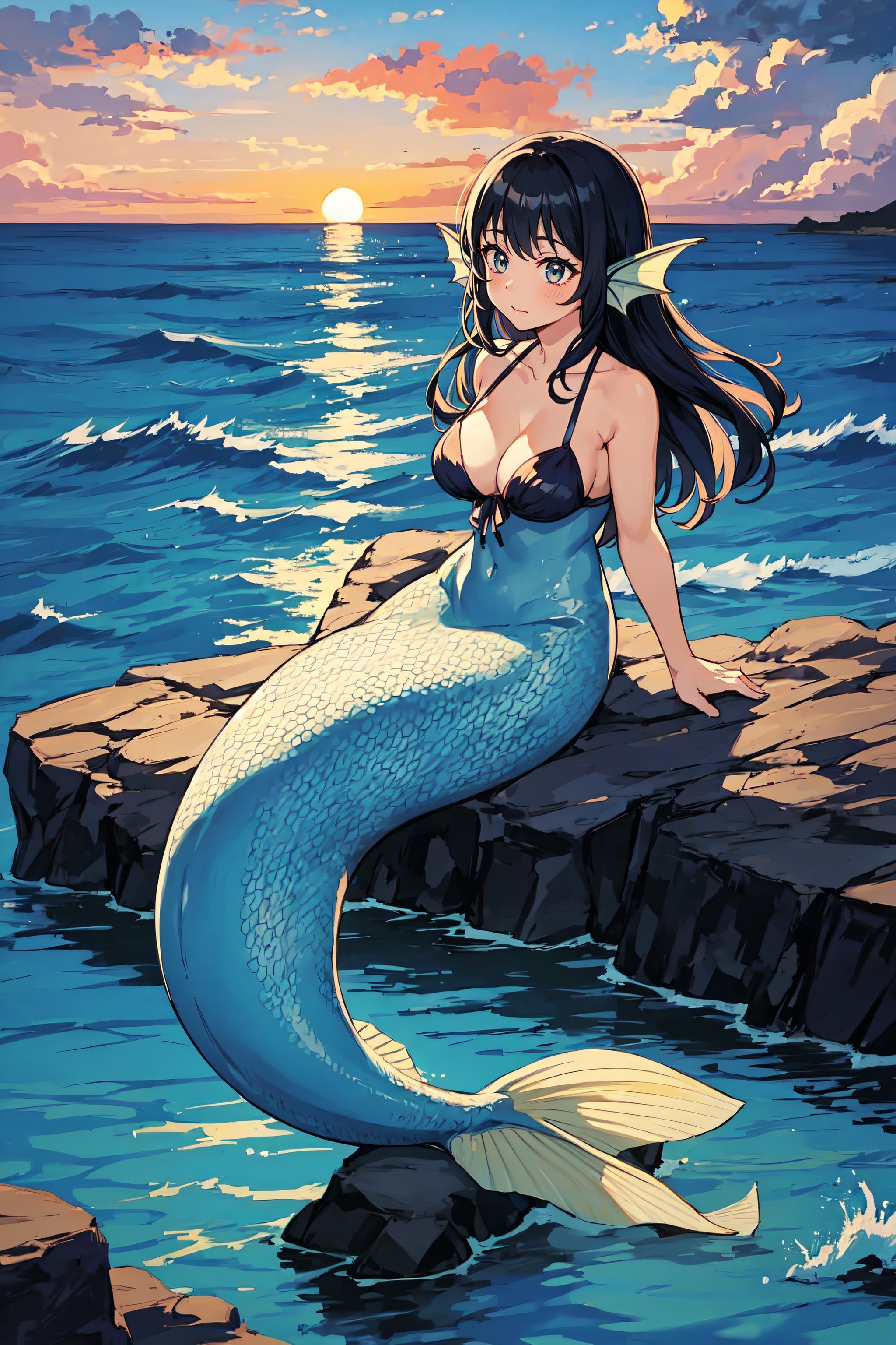 1girl, mermaid, full body, cute, ocean, sitting on rock, sunset, head fins,