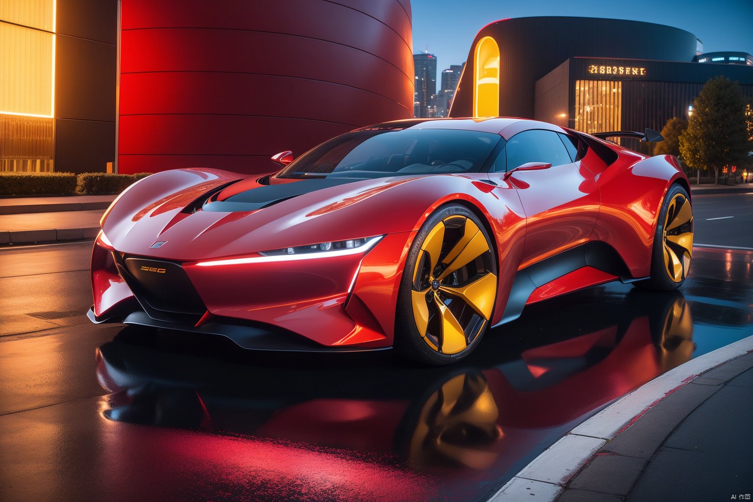 A futuristic car in a vibrant,  metallic red hue speeds through the futuristic cityscape.  The car's streamlined design and bold color make it a focal point amidst the sleek,  modern architecture.  The color temperature is warm,  with a mix of red and orange tones casting a fiery glow over the city.  The car's headlights emit a warm,  golden light,  adding to the futuristic and energetic atmosphere.,<lora:EMS-248008-EMS:0.800000>