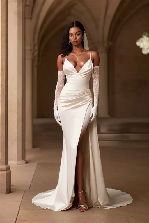 NYFashionG, dress, white dress, gloves, elbow gloves, jewelry, 1girl, earrings, white gloves, black hair, solo focus, long hair, blurry, breasts, long dress, standing, phone, holding, blurry background, collarbone, full body, realistic, high heels, necklace, looking at viewer, bare shoulders, cellphone, gown, lips, depth of field, dark-skinned female, medium breasts, wedding dress, full body,(masterpiece realistic:1.2),best quality,masterpiece,original,extremely detailed wallpaper,<lora:SD1.5_NYFashionG.64:0.7>