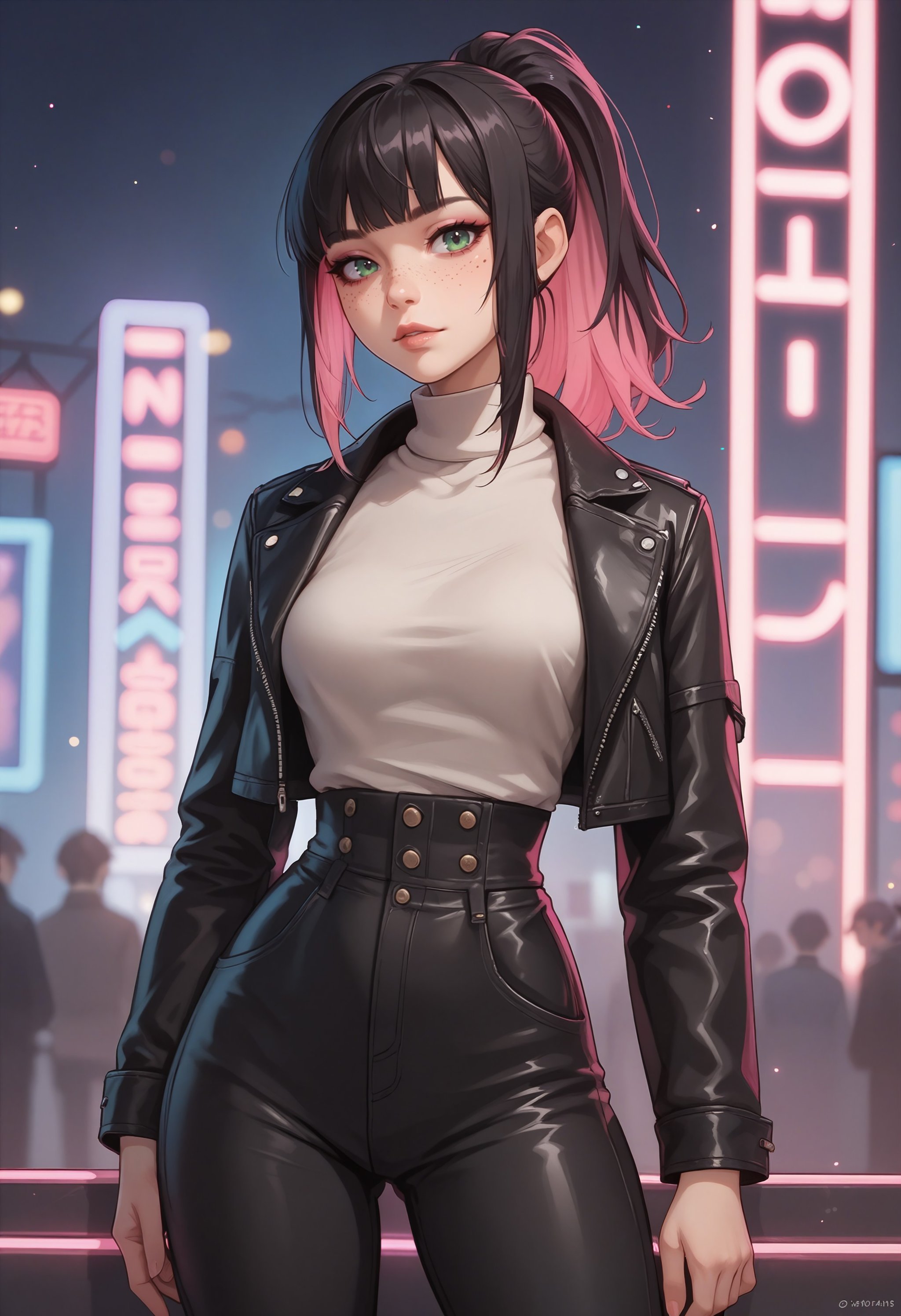 score_9, score_8_up, score_7_up BREAK solo, 1girl, cowboy shot, nightclub, neon lights, bokeh, depth of field, black hair, pink dyed hair, ponytail, bangs, green eyes, freckles, makeup, leather jacket, turtleneck, high waist pants