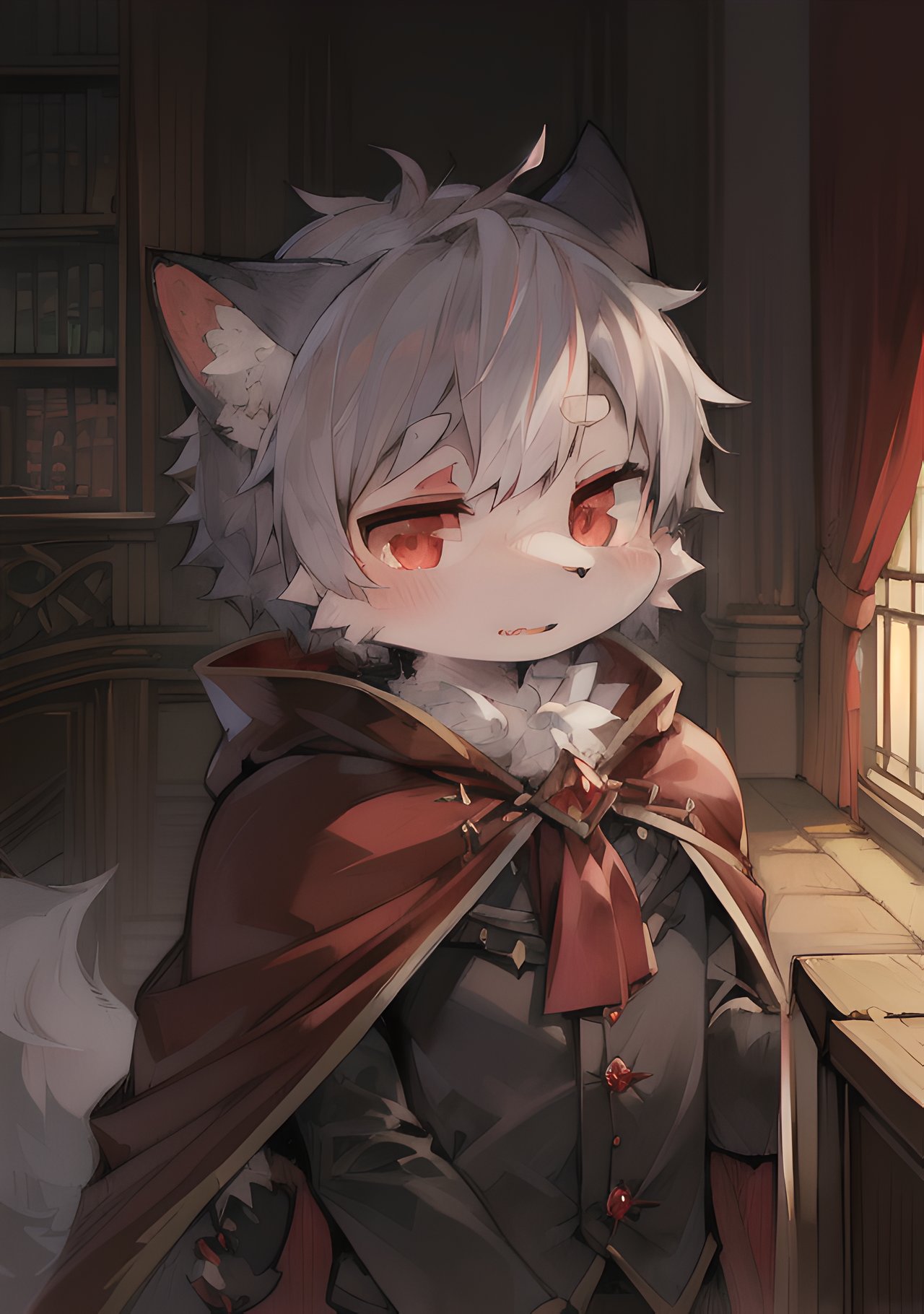 (dark environment:0.8),masterpiece, high quality, absurd res, digital painting \(artwork\), by dagasi, yupa,kiyosan,(anthro,fluffy fur,character focus:1.1),anthro male cat,short hair,portrait, bright eyes,panorama,character focus.(detailed background:0.7),solo,furry,furry male ,male focus,anthr,(Full body fur, fluffy tail, white fur,red eyes,gray hair:1.2),(long canines,vampire, cape:1.2),(interior,night, castle, coffin:1.1)