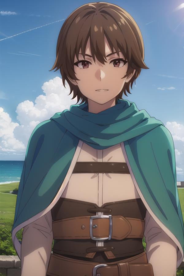 keyaru, <lora:keyaru s1-lora-nochekaiser:1>,keyaru, short hair, (brown eyes:1.5), brown hair, male focus, smile, grin,BREAK cape, armor,BREAK outdoors, forest, nature, grass, trees, sun, sky, clouds,BREAK looking at viewer, (cowboy shot:1.5),BREAK <lyco:GoodHands-beta2:1>, (masterpiece:1.2), best quality, high resolution, unity 8k wallpaper, (illustration:0.8), (beautiful detailed eyes:1.6), extremely detailed face, perfect lighting, extremely detailed CG, (perfect hands, perfect anatomy),