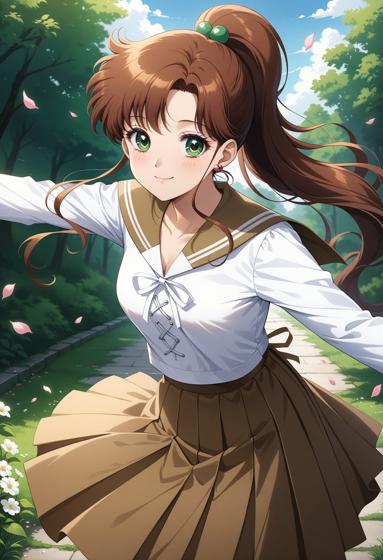 (masterpiece, best quality, very aesthetic, ultra detailed), intricate details, 4k, aajupiter, long hair, brown hair, ponytail, hair bobbles, green eyes, school uniform, brown sailor collar, white shirt, white ribbon, long sleeves, long skirt, brown skirt, <lora:sailor_jupiter_animaginexl_v2:0.9>, outstretched arms, smile, petals, outdoors